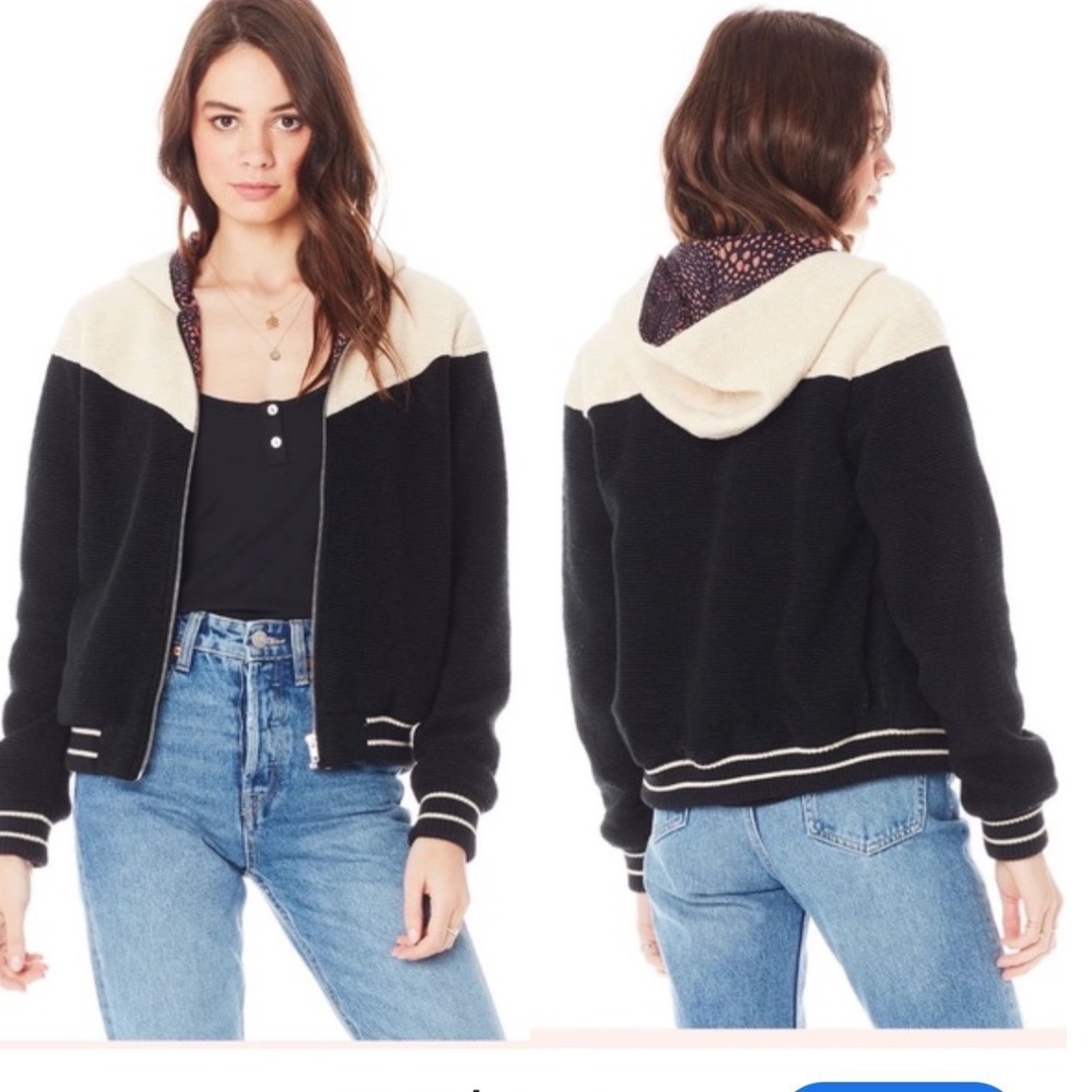 Anthropologie Saltwater Luxe Bomber Jacket Black Tan Colorblock Varsity Style S